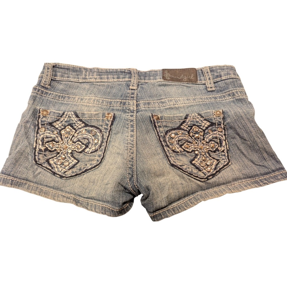 Vintage Y2K Rhinestone Pocket Soundgirl Distressed Denim Shorts Size 5 Micro